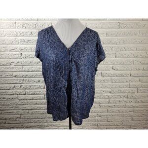 Liz Claiborne Womens Top Extra Large XL Cap Sleeve Blue Button Up FLO246E